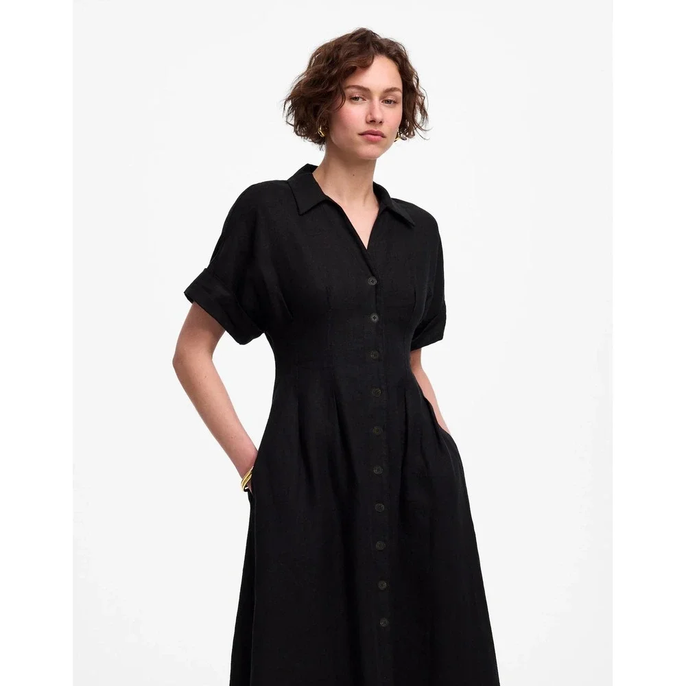 NWT Madewell Pleated Midi Shirtdress 100% Linen Black Button Front XL NU580
